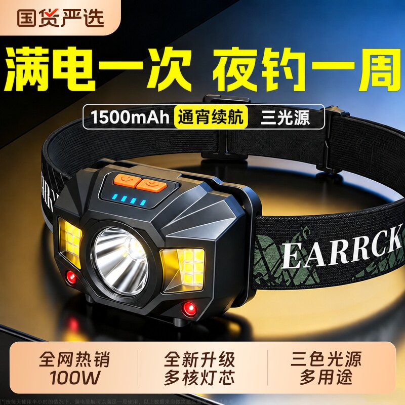 微笑鲨夜钓鱼感应头灯头戴式强光充电超亮超长续航户外照明灯登山