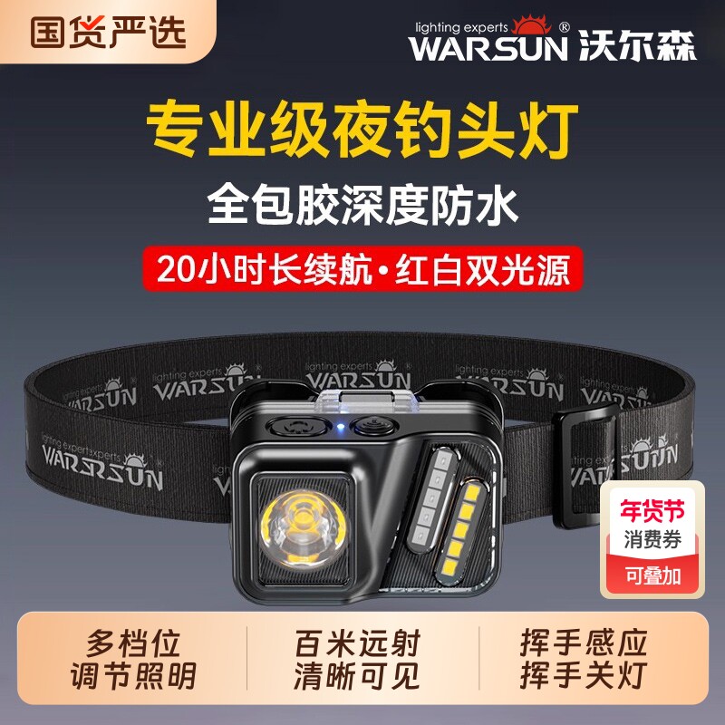 沃尔森头灯强光超亮超长续航登山户外感应充电头戴夜钓专用照明灯