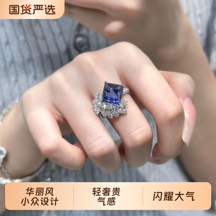 巨显白!复古宫廷风方形蓝钻禾穗开口戒指ins轻奢小众高级感指环