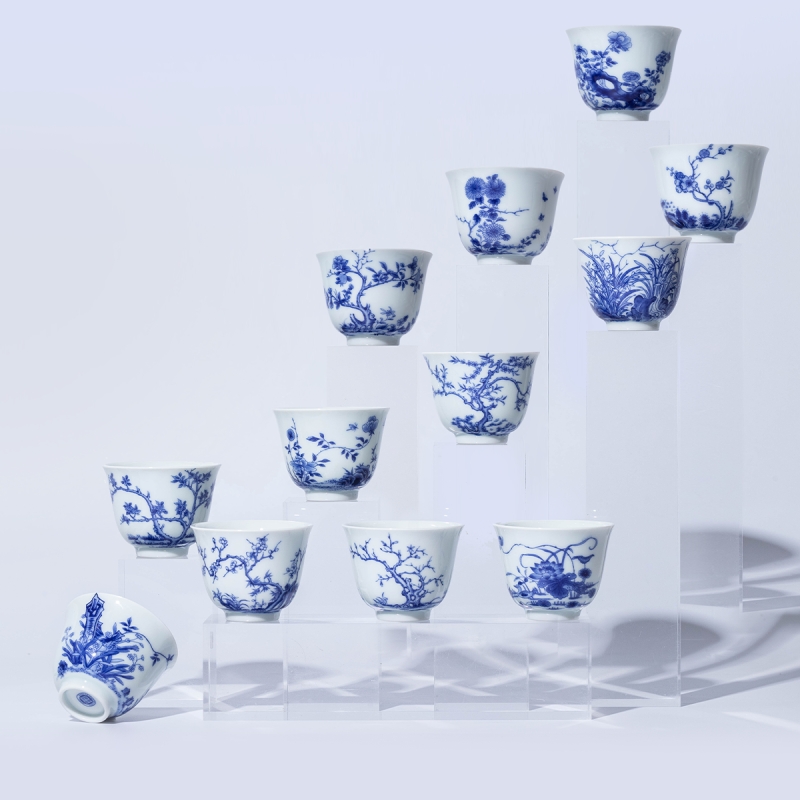 景德镇陶瓷 闲云居十二花神青花功夫茶杯品茗喝茶杯手绘茶具送礼