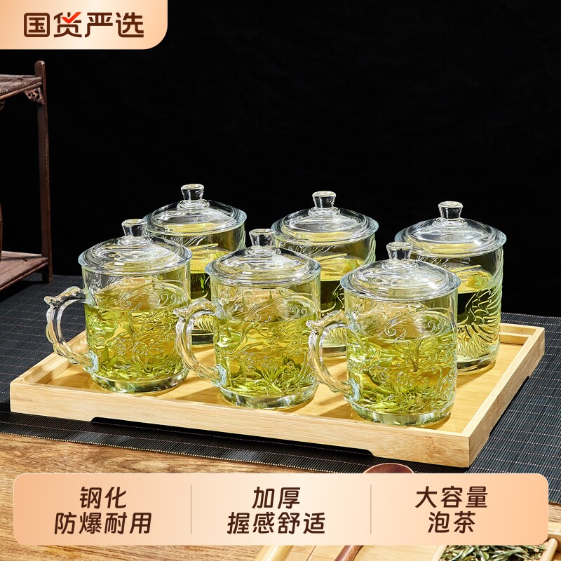 青苹果带把玻璃杯水杯套装家用待客泡茶杯喝水杯带盖大容量防爆