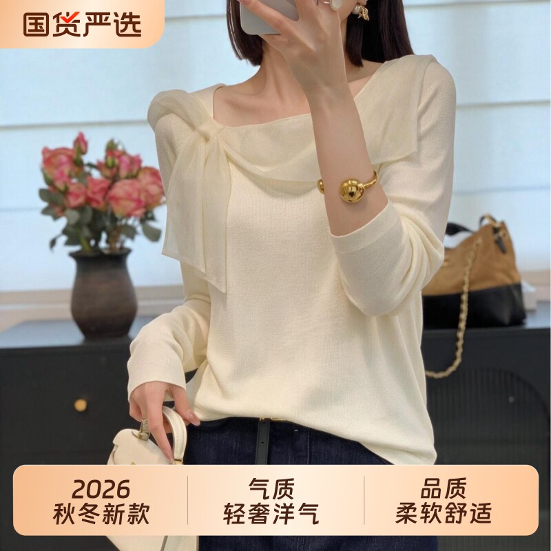 甜美纯欲蝴蝶结长袖白色毛衣女2026秋冬新款一字肩打底针织衫上衣