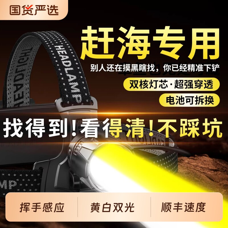 微笑鲨赶海专用头灯强光头戴式变焦强穿透照鱼照黄鳝看水底神器
