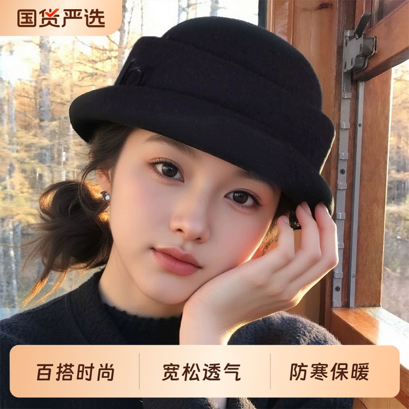 复古时尚气质礼帽2025新款秋冬法式保暖盆帽子防寒休闲黑色户外