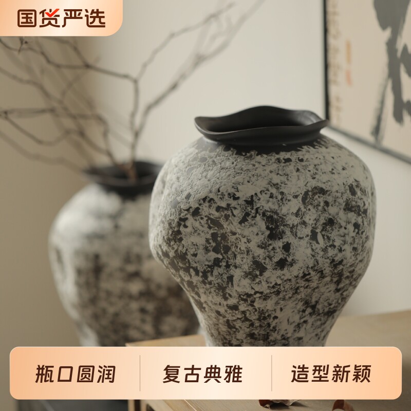 景德镇侘寂风禅意陶瓷大花瓶复古怀旧粗陶陶罐家居插花装饰品摆件