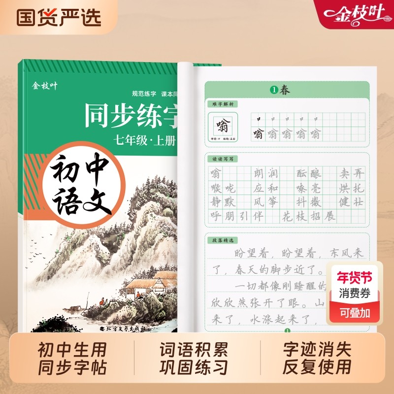 七年级八九年级下册上册语文同步练字帖初中生专用人教版楷书字体小升初临摹硬笔书法字帖初一中学生正楷钢笔练字本描红本每日,书籍/杂志/报纸,练字本/练字板,淘宝优惠券,粉丝福利购,淘宝优惠卷