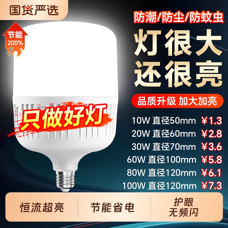 LED灯泡超亮家用室内护眼无频闪节能E27螺口白光大功率照明球泡灯