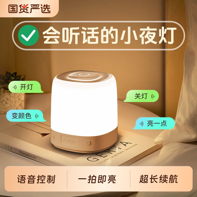 智能语音控制小夜灯充电款声控感应卧室床头婴儿台灯新款遥控好物