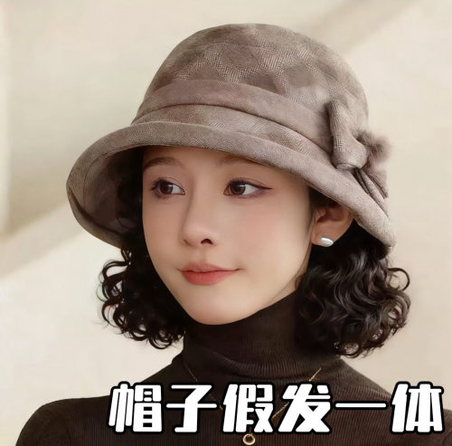 秋冬帽子假发一体优雅气质短卷发蝴蝶结渔夫帽复古格子假发一体帽