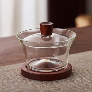 新羽手工耐热玻璃木璃盖碗玻璃盖碗木底防烫三才盖碗泡茶功夫茶具