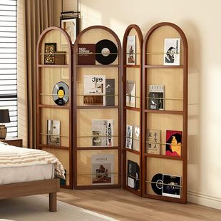 新中式天然藤编折叠屏风侘寂风玄关复古卧室实木杂志客厅隔断书架