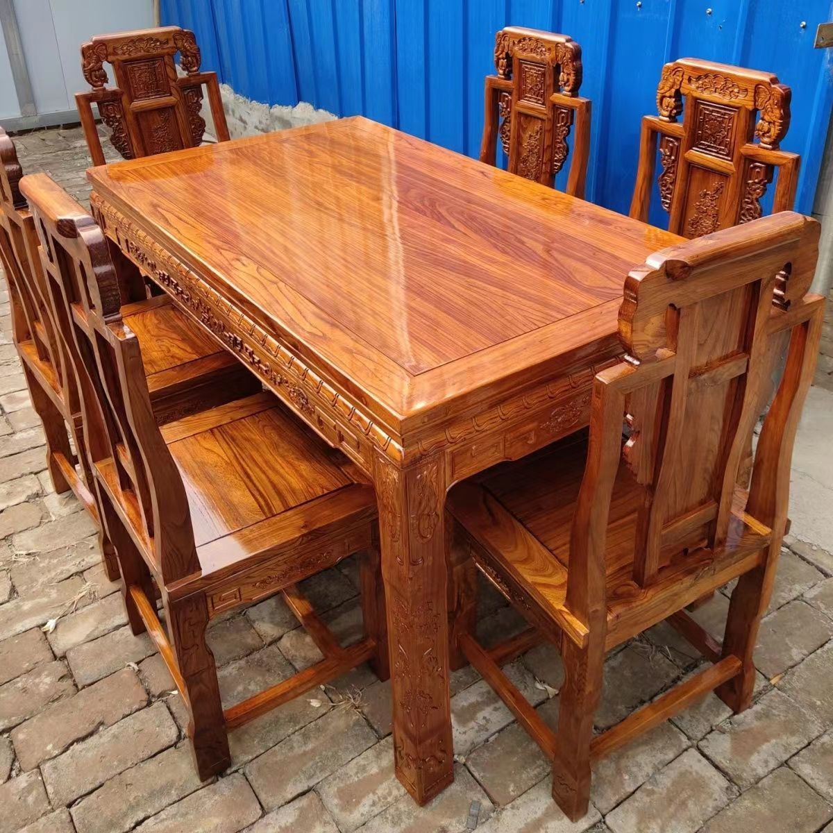 中式实木餐桌传统仿古桌椅农村长方桌老榆木饭桌明清古典象头餐桌