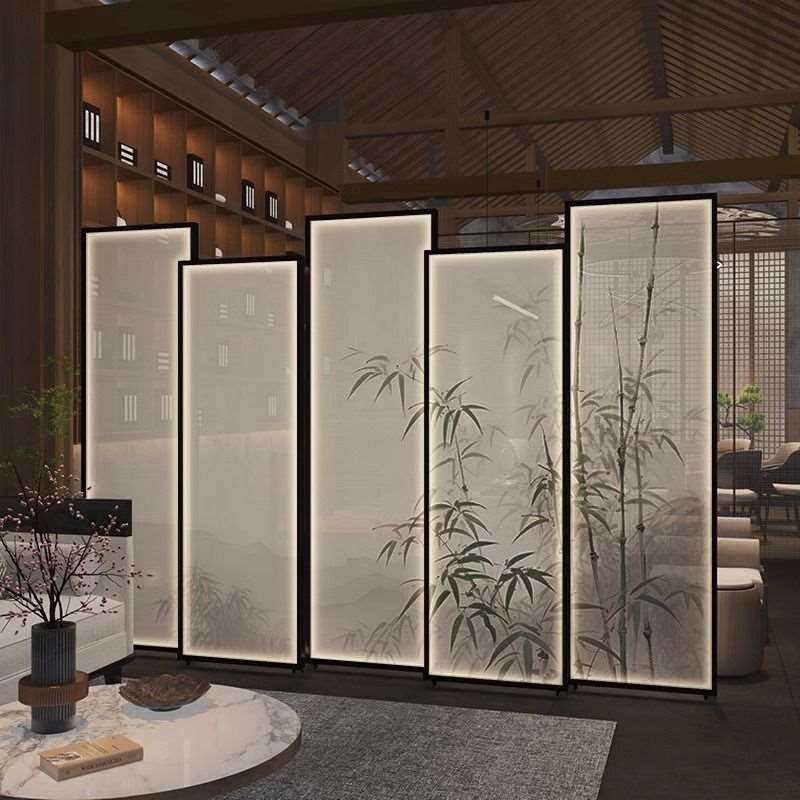 现代中式铝合金灯带屏风隔断客厅定制酒店办公室装饰移动竹子座屏
