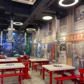 网红款 大理石格子桌面火锅桌电磁炉煤气灶一体串串香火锅烧烤组合