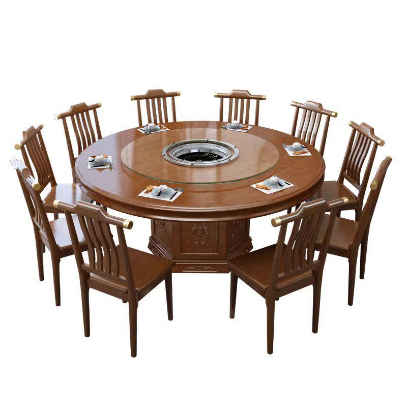 下沉式电磁炉火锅桌新中式实木圆形餐桌椅家用饭店用10人吃饭桌子,住宅家具,电磁炉餐桌,淘宝优惠券,粉丝福利购,淘宝优惠卷