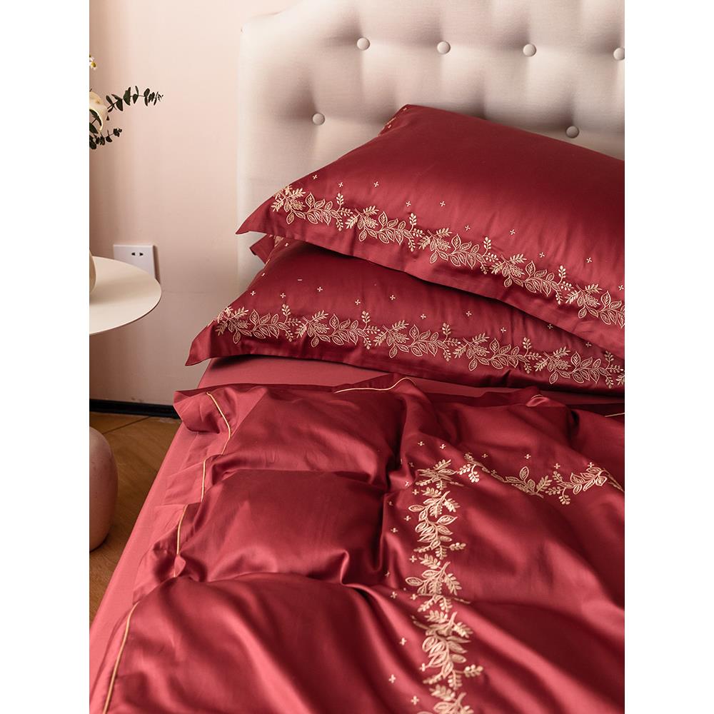 高端欧式风浪漫婚庆全棉四件套新款大红刺绣结婚被套床上用品新婚