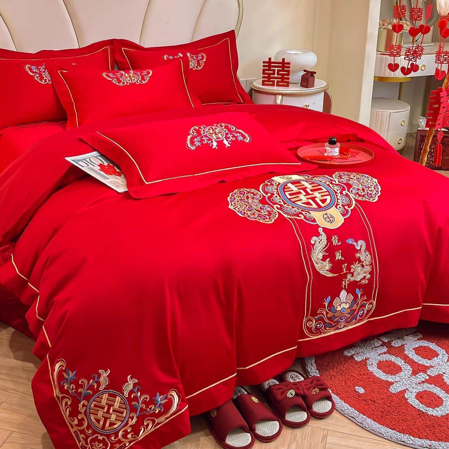 高档中式结婚四件套大红色婚礼陪嫁龙凤被套婚庆床上用品婚房床单,床上用品,婚庆床品套件,淘宝优惠券,粉丝福利购,淘宝优惠卷