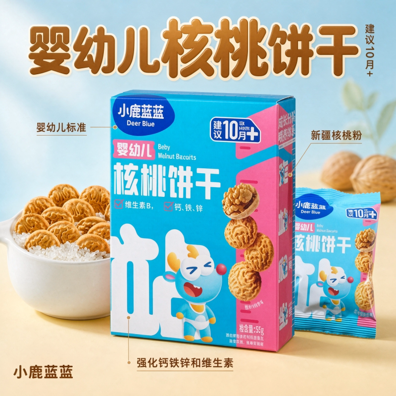 小鹿蓝蓝婴幼儿核桃饼干宝宝磨牙零食儿童零食手指饼干强化钙铁锌