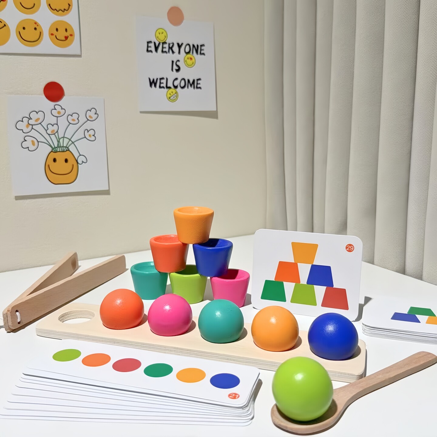 蒙氏早教木质夹球珠叠杯益智玩具1-3岁2宝宝颜色配对认知精细动作