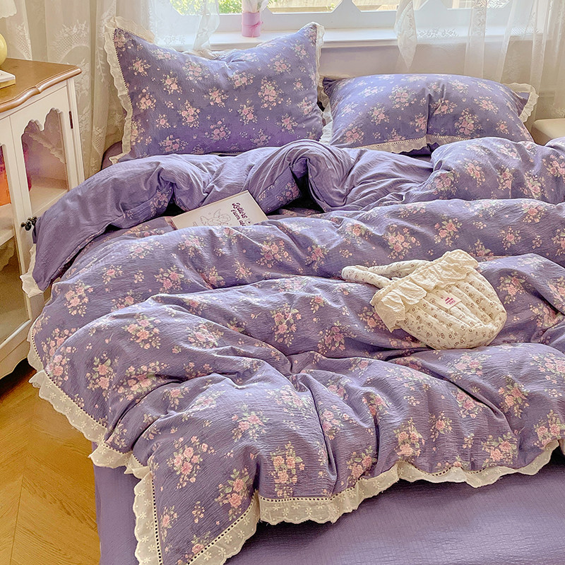 紫色小碎花镂空花边被套双层纱床上四件套少女心床单人宿舍三件套