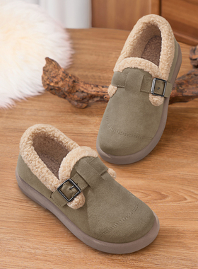 老北京布鞋女冬季棉鞋保暖一脚蹬加绒雪地靴秋妈妈正品防滑豆豆鞋