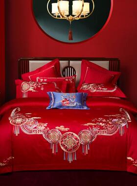 zb6m批发100支婚庆四件套大红纯全棉喜结刺绣新被套婚礼婚床用品