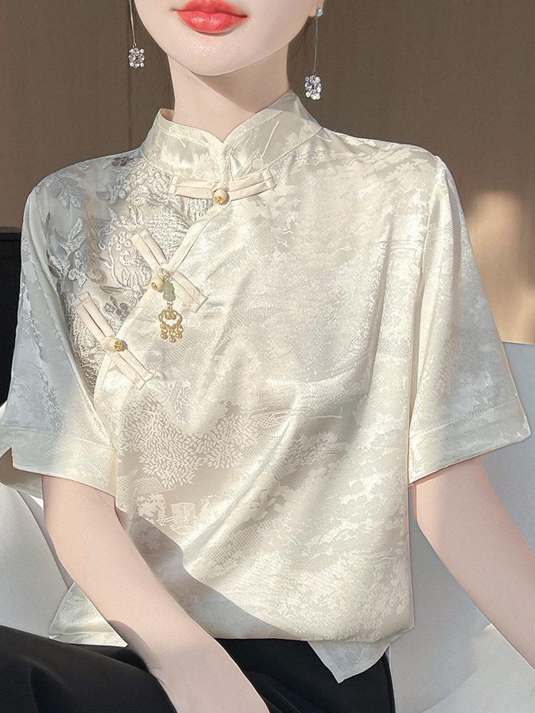 国风盘扣立领！夏季天丝提花T恤女 厂家直供冰丝薄款短袖上衣,女装/女士精品,真丝上装,淘宝优惠券,粉丝福利购,淘宝优惠卷