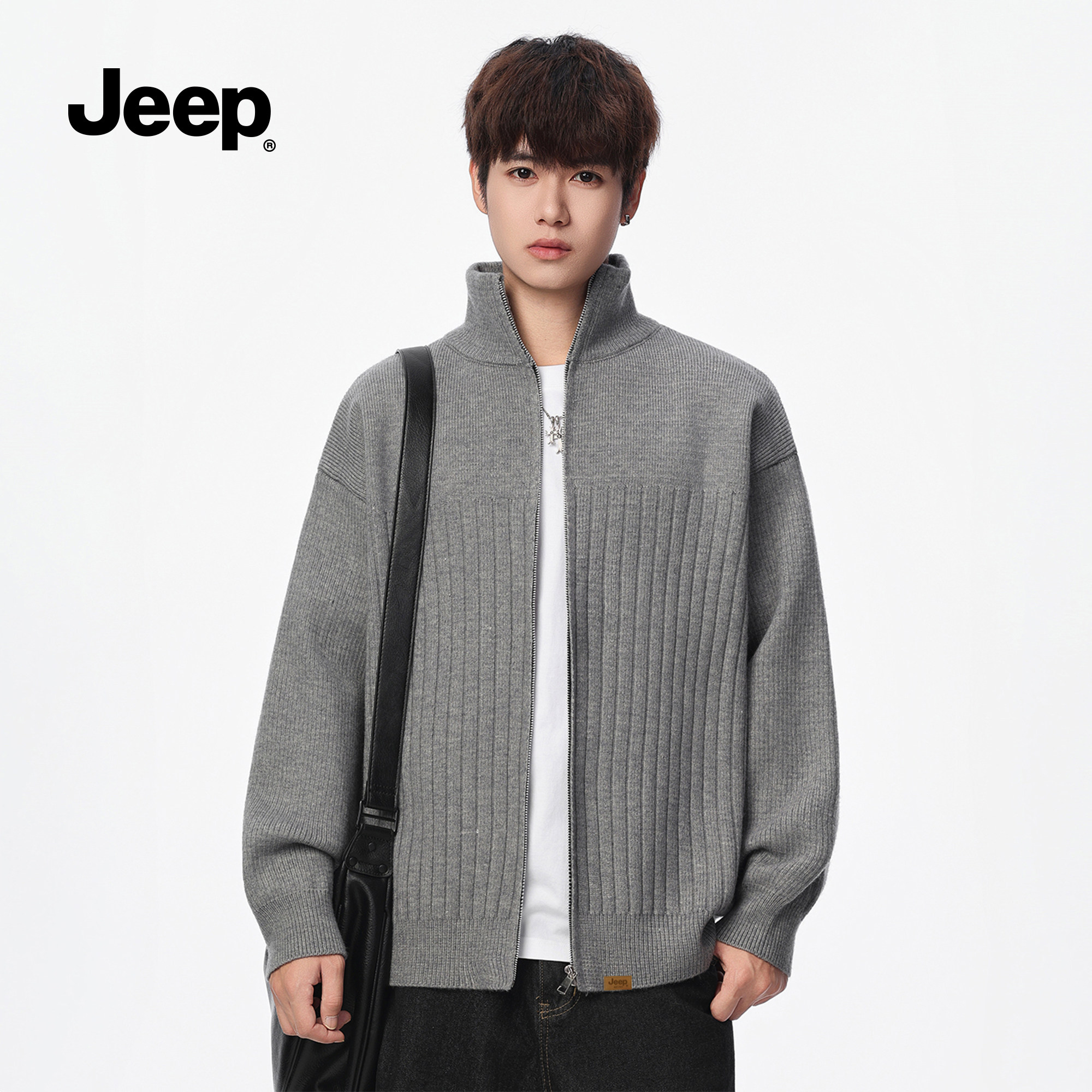 Jeep吉普立领针织开衫毛衣男2026春季新款夹克宽松拉链慵懒风外套