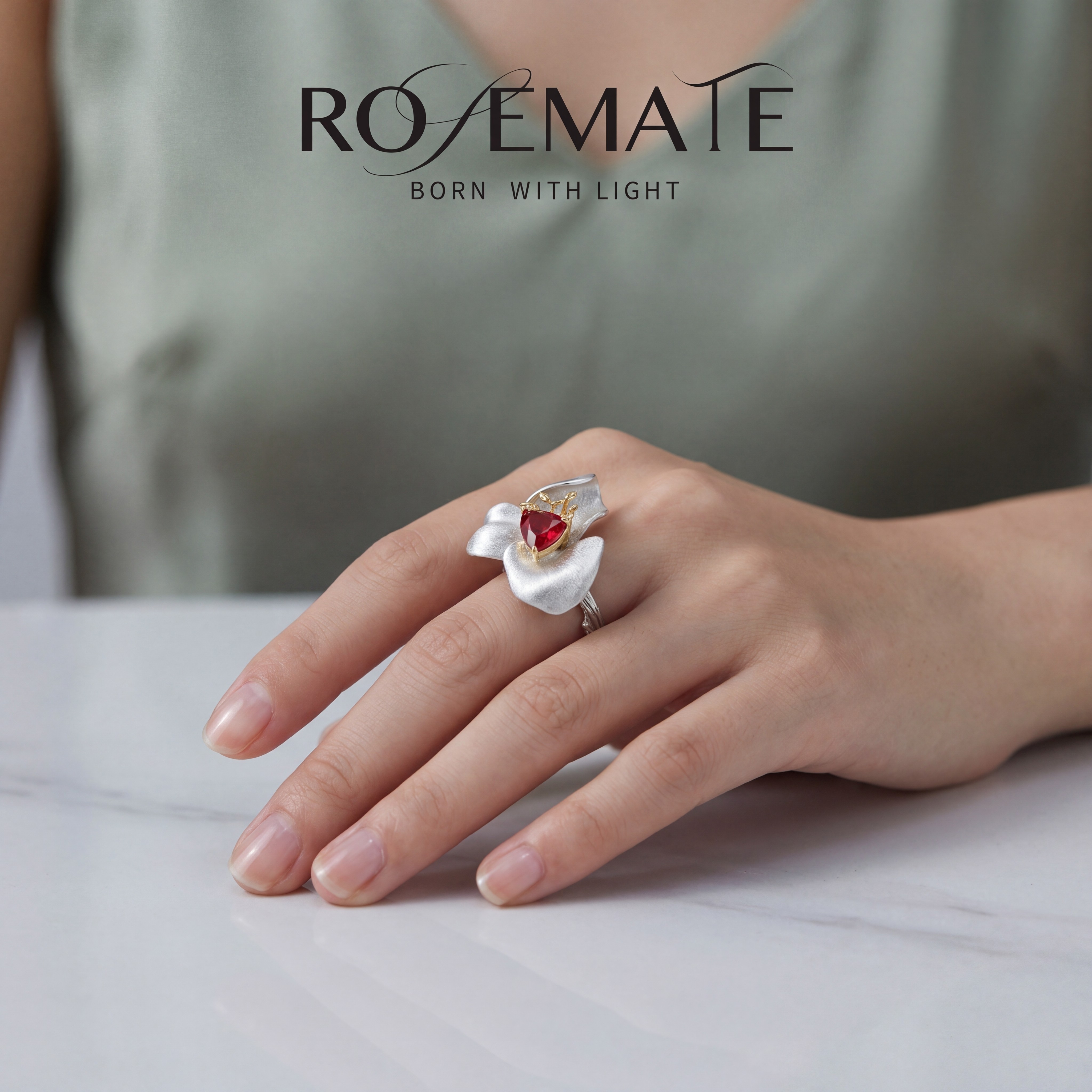 rosemate拉丝花朵戒指时尚百搭轻奢肖小众高级银色不掉色开口指环
