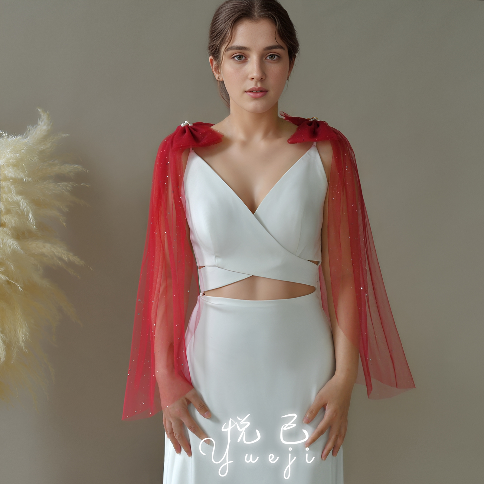 悦己 新款酒红色蝴蝶结披肩纱 闪亮可拆卸礼服裙子服装肩饰 YJG34