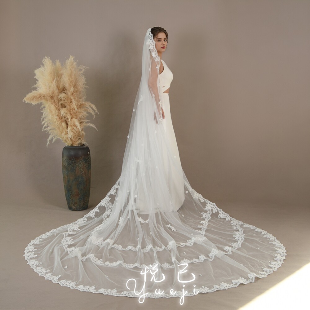 悦己新娘结婚主婚纱头纱森系韩式款拖尾蕾丝花边大头纱头饰YJV260