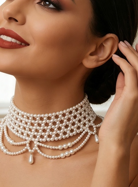 悦己 特色手工珍珠编织项链新娘百搭抹胸一字肩宴会礼服配饰YJG96