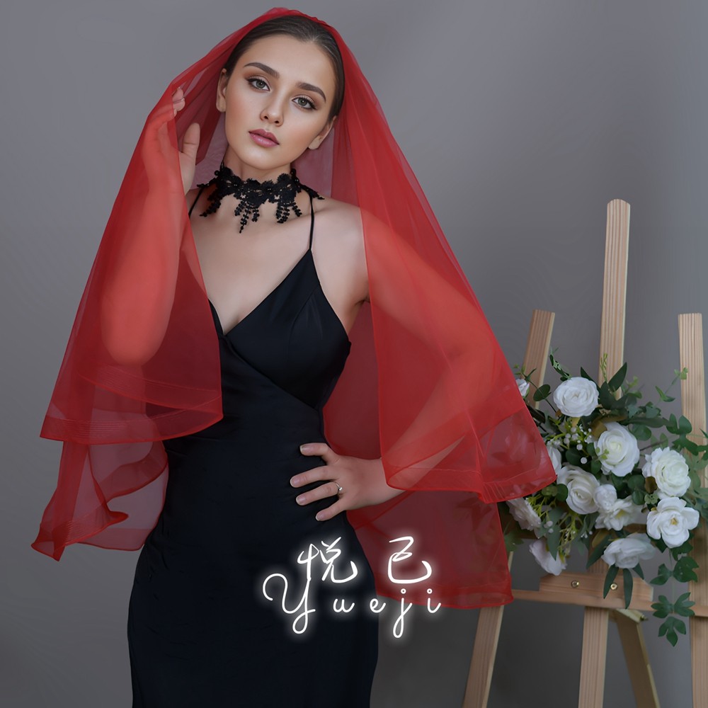 悦己 红色婚纱头纱新娘头饰双层软网红拍照道具复古造型简约yjv69