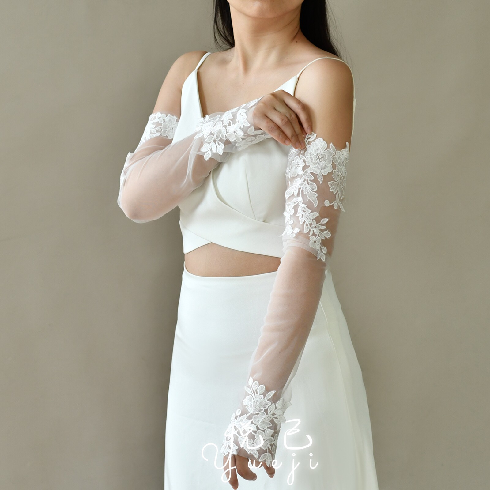 悦己 优雅新娘高级感白色蕾丝无指长手套 婚纱礼服配饰袖套 YJM46