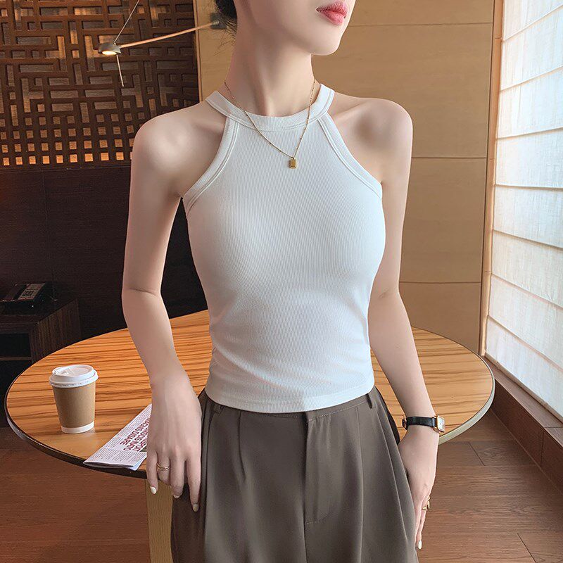 速发白色挂脖吊带背心夏外穿带胸垫一体式美背针织内搭无袖打底上