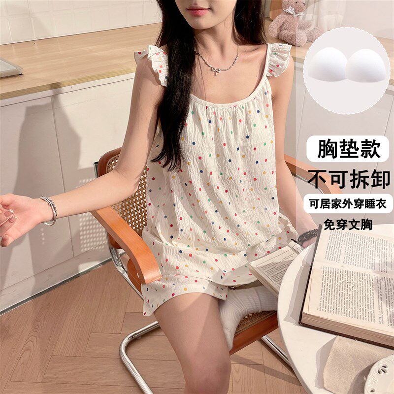 速发带胸垫睡衣款夏季简约波点大码吊带短裤夏天士家居服套装