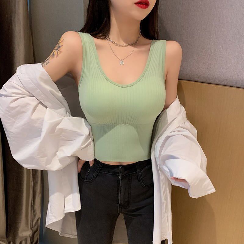 速发带胸垫U领运动背心短款外穿美背坑条纯色内搭吊带打底上衣短