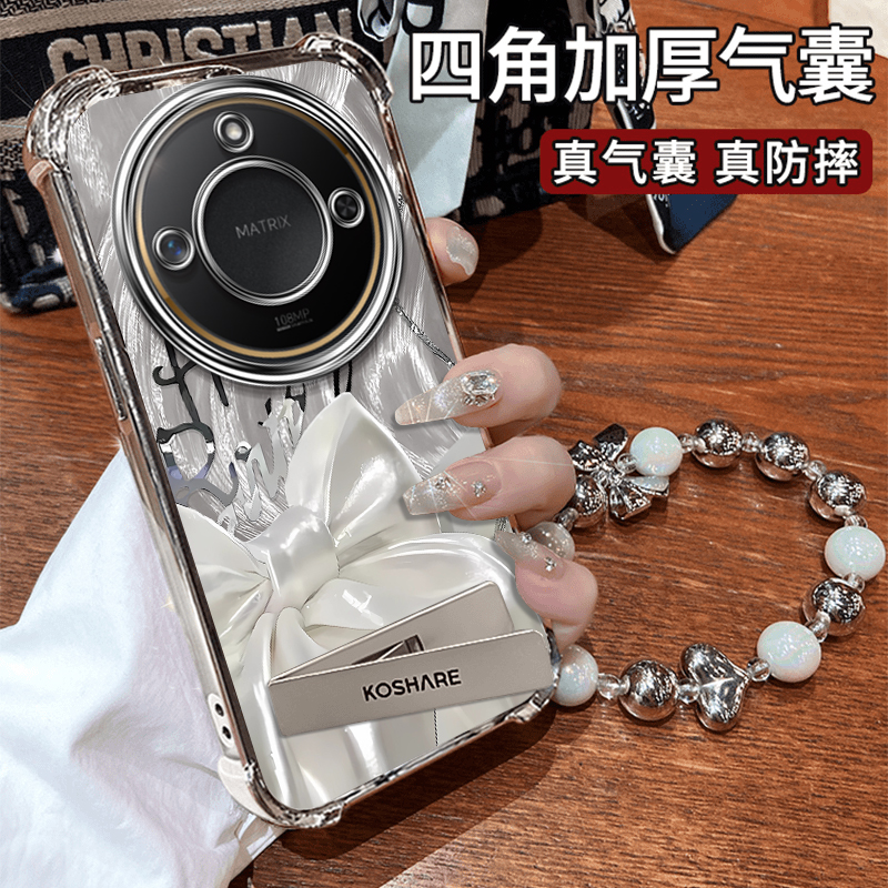 适用荣耀X60手机壳X70i蝴蝶结X60GT电镀四角防摔X50Pro高级感全包x40i带手链支架x30I女新款x20SE超薄保护套