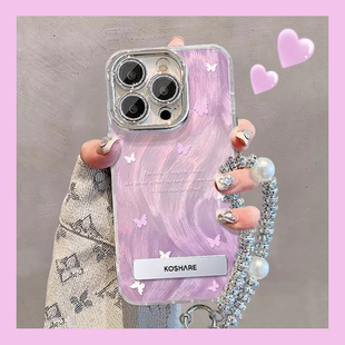 适用苹果15ProMax手机壳iphone14新款 紫色蝴蝶ip13高级感全包12防摔不会撞壳小众硅胶镜头膜11小香风保护套女