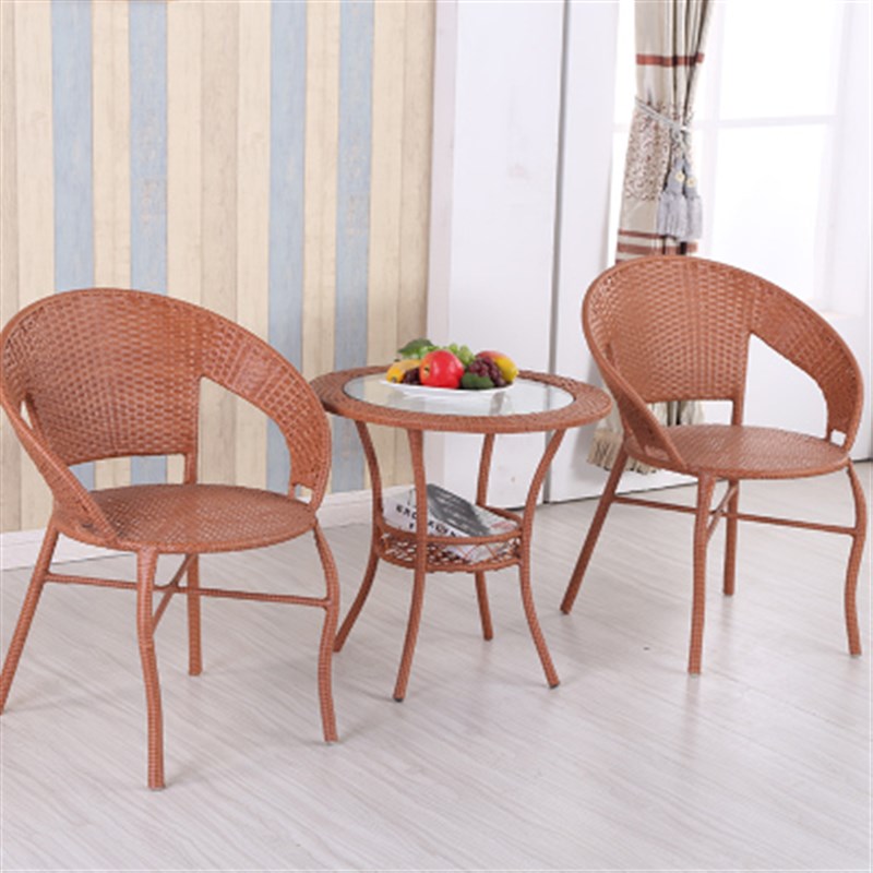 家用休闲藤椅三件套藤小圆桌简约现代玻璃小茶几元桌椅组合喝茶桌