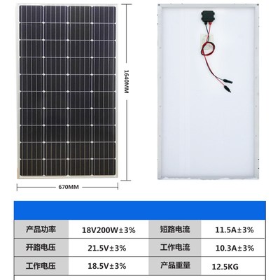 18V/36V/200W单晶硅光伏板太阳能光伏发电板可充24V电池