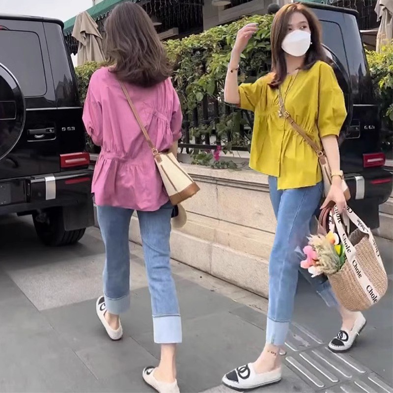 好货孕妇套装夏季薄款2025新款短袖上衣夏款宽松衬衫牛仔裤两件套