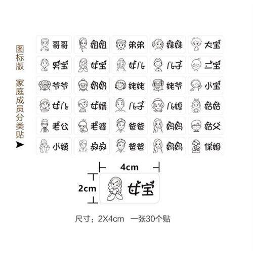 极速防水家庭成员分类标签彩色图标爸爸妈妈透明贴纸盆类水杯牙缸