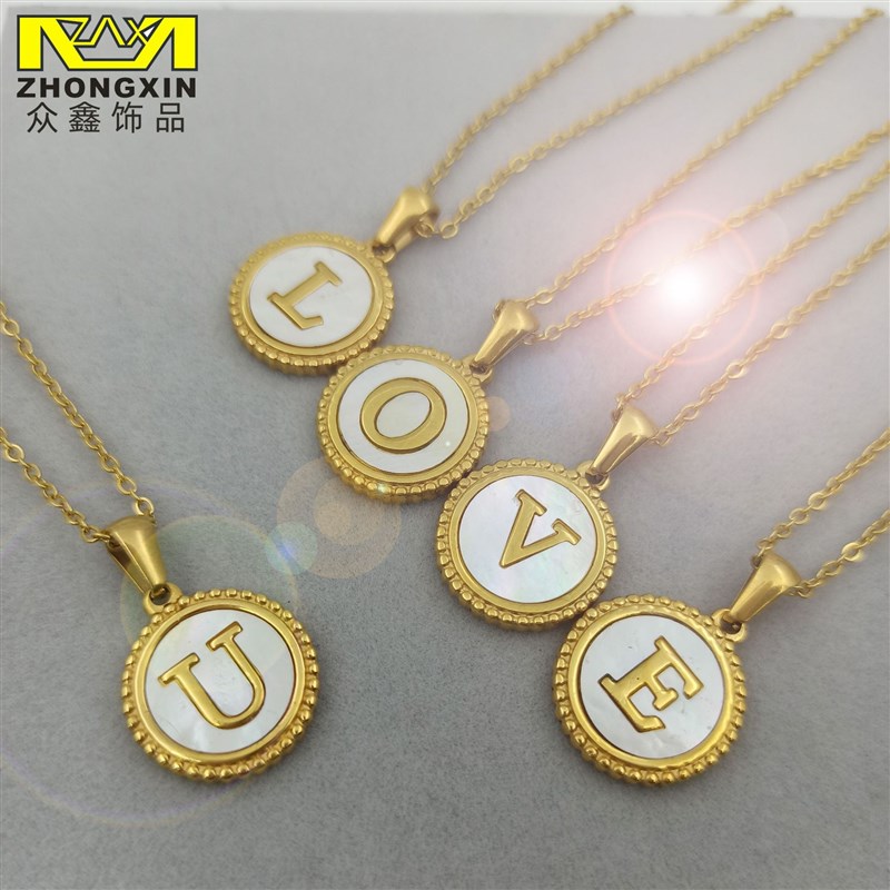 Simple K round shell stainless steel letter necklace fashio