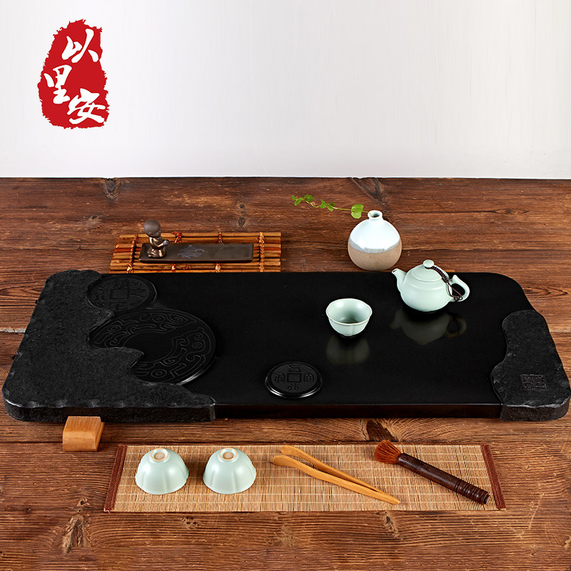 好货乌金石茶盘天然石材大号石茶具 黑金石茶台 复古功夫茶海家用