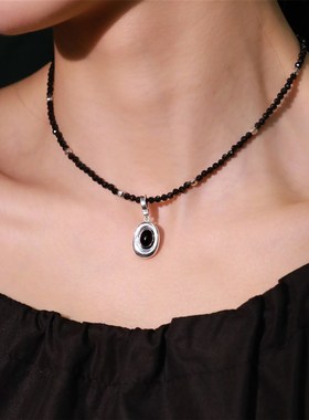 9.19小宝S925纯银几何椭圆牌黑玛瑙吊坠女仅吊坠时尚小众设计项坠