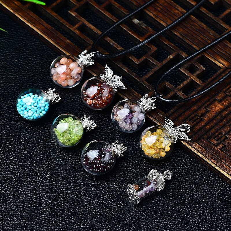 天然黄水晶橄榄石碎石摆件蓝松石极光许愿瓶吊坠男女款饰品配饰