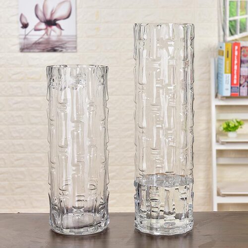 极速中式竹纹直筒富贵竹落地大花瓶客厅插花摆件水培玻璃花瓶