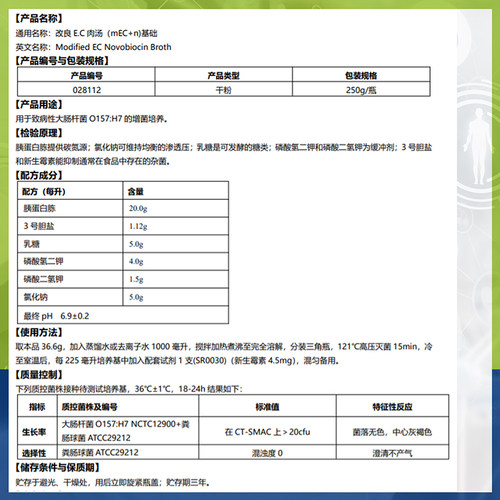 好货改良EC肉汤(mEC+n)基础028112改良EC新生霉素增菌肉汤250g/瓶