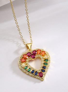 澳古 跨境新品 铜镀18K金彩虹锆石爱心几何吊坠项链女精致锁骨链